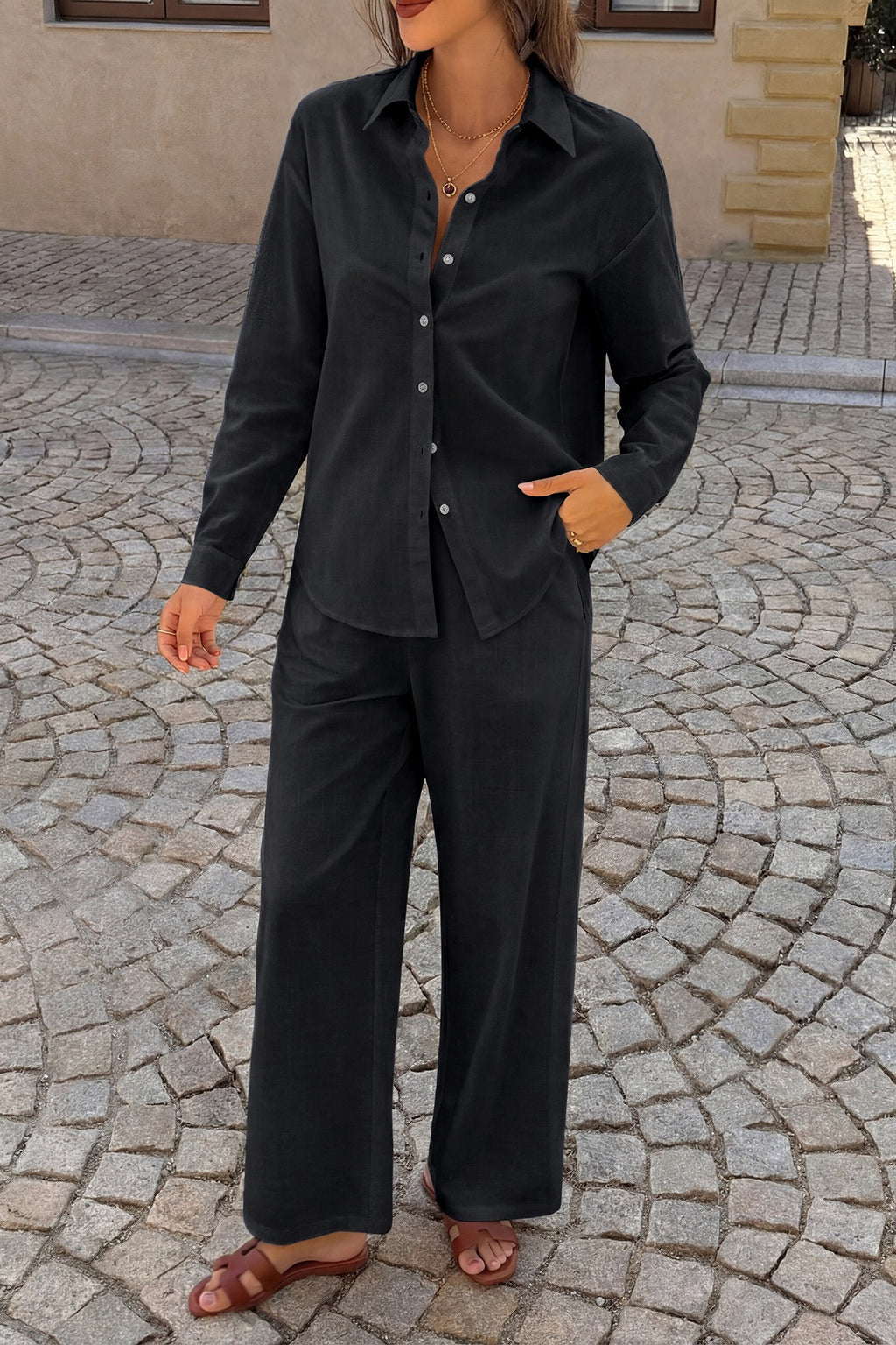 Casual Solid Long Sleeve Shirt Pants Set