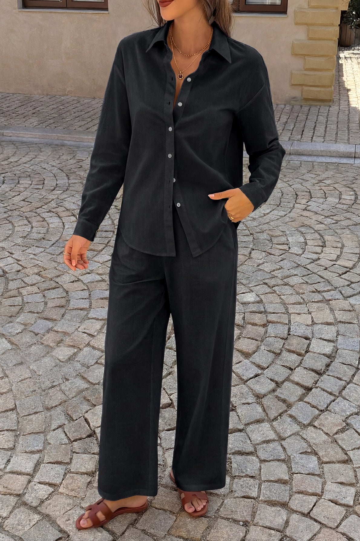 Casual Solid Long Sleeve Shirt Pants Set