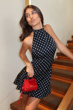 Polka Dot Halter Lace Up Bodycon Mini Dress
