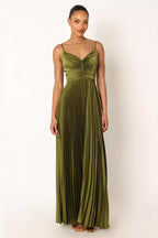 Pleated Satin Spaghetti Strap Formal Dress