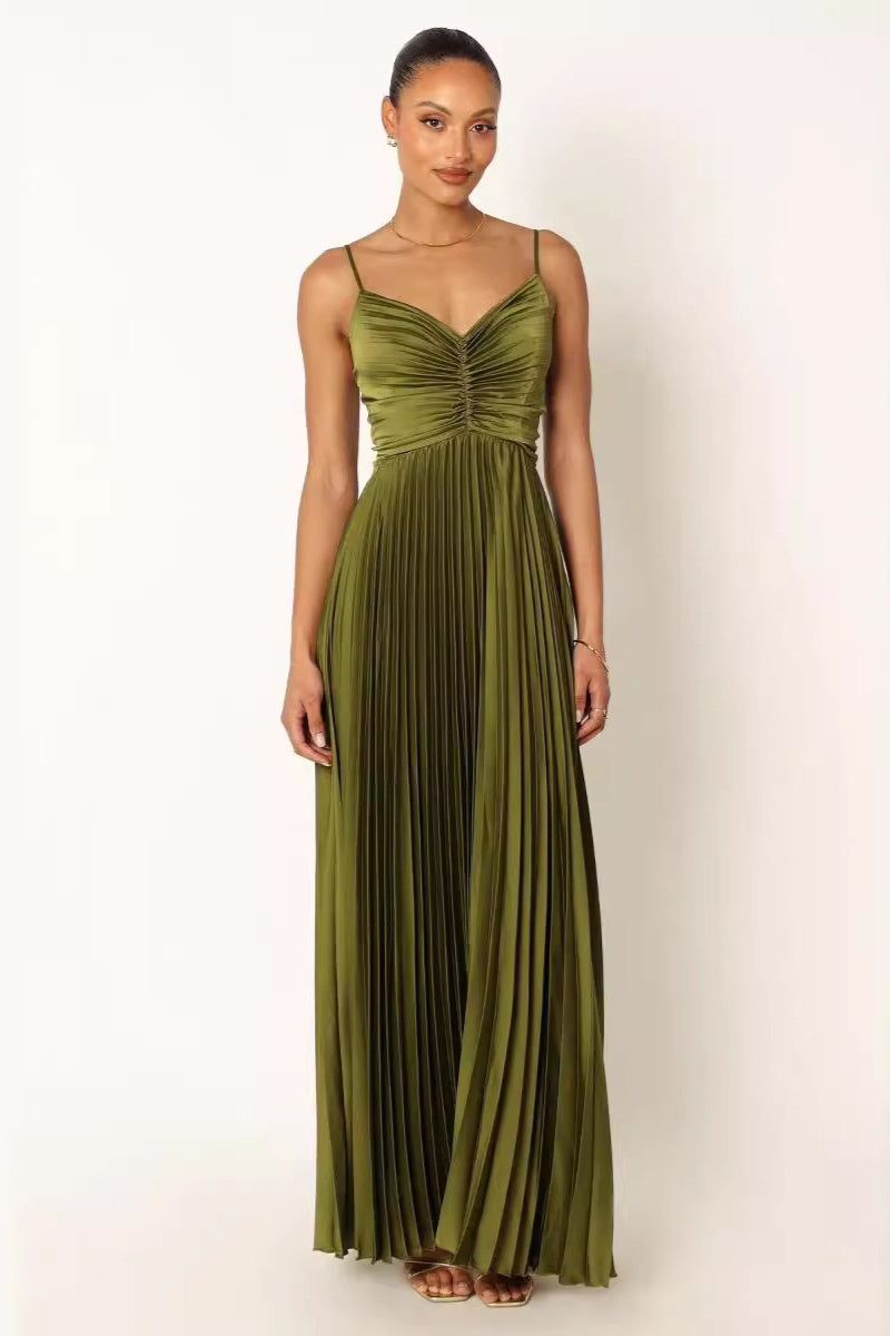 Pleated Satin Spaghetti Strap Formal Dress