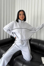 Stand Collar Zip Sweatshirt Stripe Pants Set