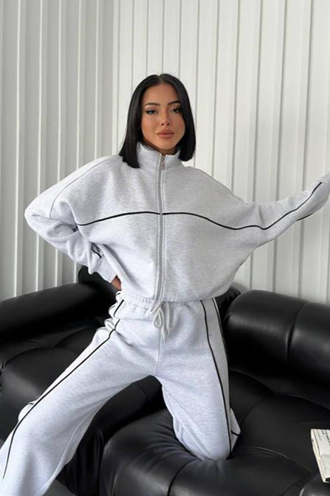 Stand Collar Zip Sweatshirt Stripe Pants Set
