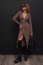 Belted Long Sleeve Solid Knit Sweater Dress