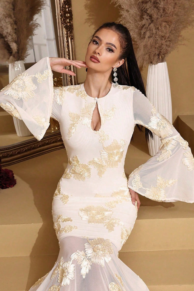 Elegant Embroidered Mesh Trumpet Sleeve Prom Dress Main image