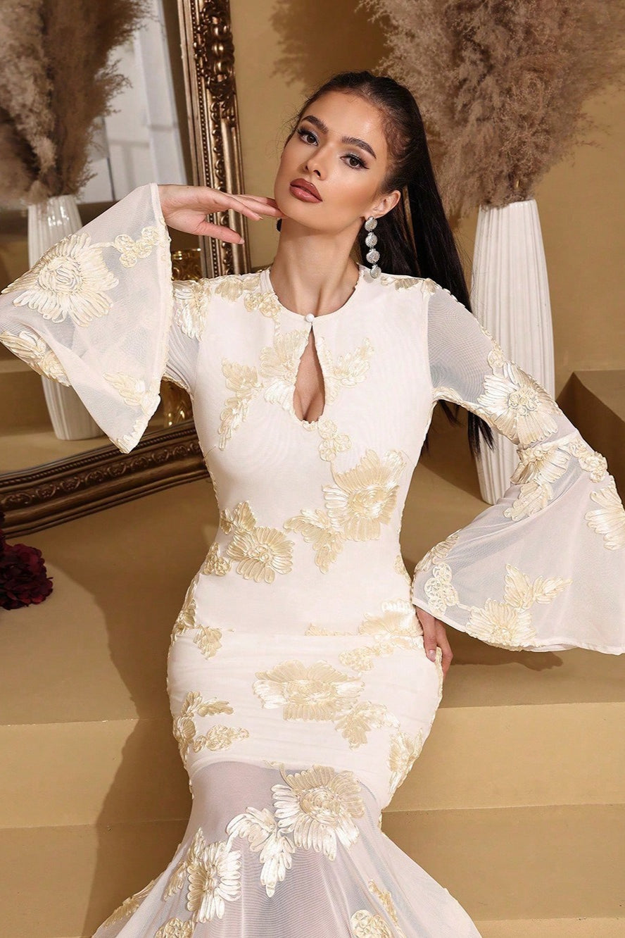 Elegant Embroidered Mesh Trumpet Sleeve Prom Dress Main image