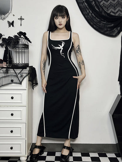 Gothic Square Neck Tank Sexy Sleeveless Waist White Embroidery Bodycon Dress