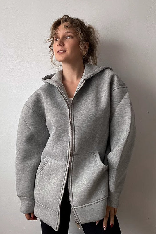 Grey Loose Fit Casual Zip Up Basic Jacket Hoodie Main image