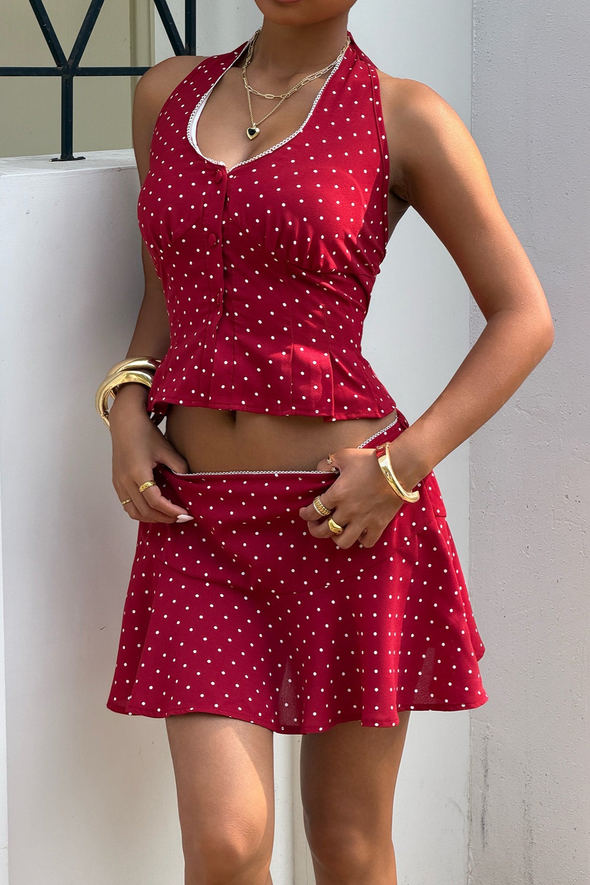 Red Polka Dot Halter Skirt Set Main image