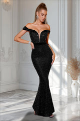 Sequin Off Shoulder Slit Formal Dress