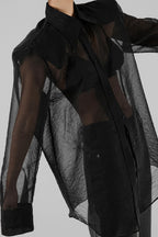 Sheer Mesh Long Sleeve Shoulder Pad Blouse