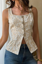 U Neck Jacquard Solid Button Detail Tank Top