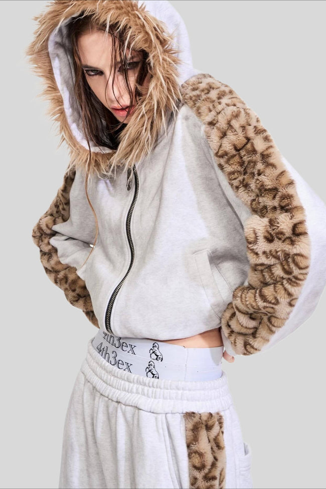 Leopard Faux Fur Trim Zip Up Hoodie Main image