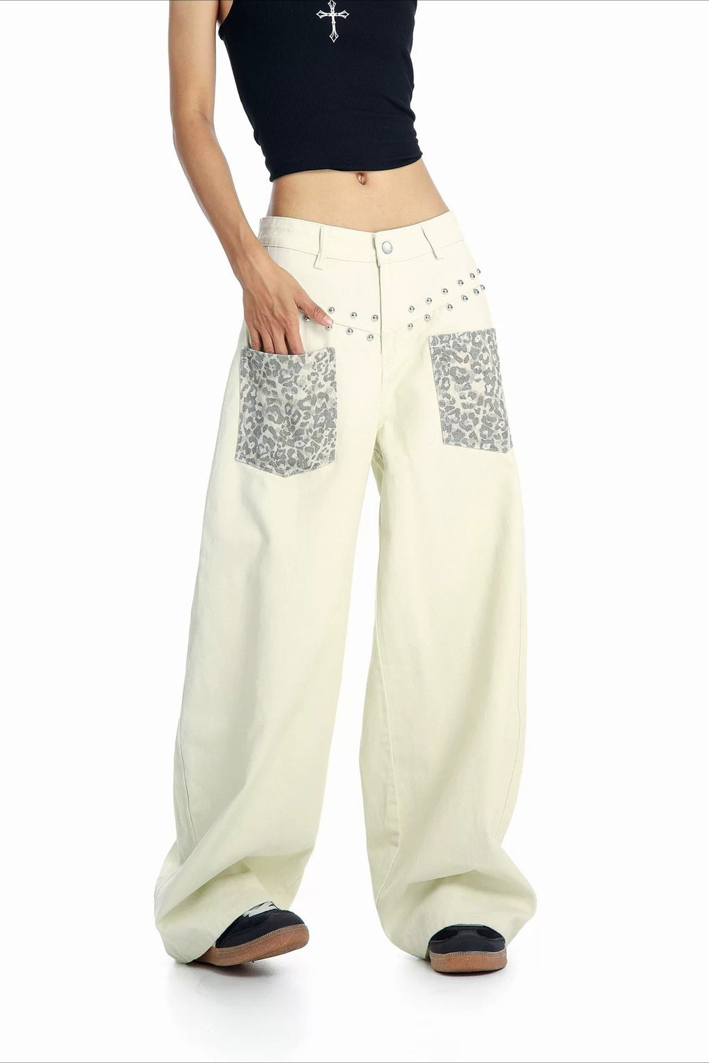 Leopard Pocket Stud Wide Leg Jeans