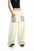 Leopard Pocket Stud Wide Leg Jeans