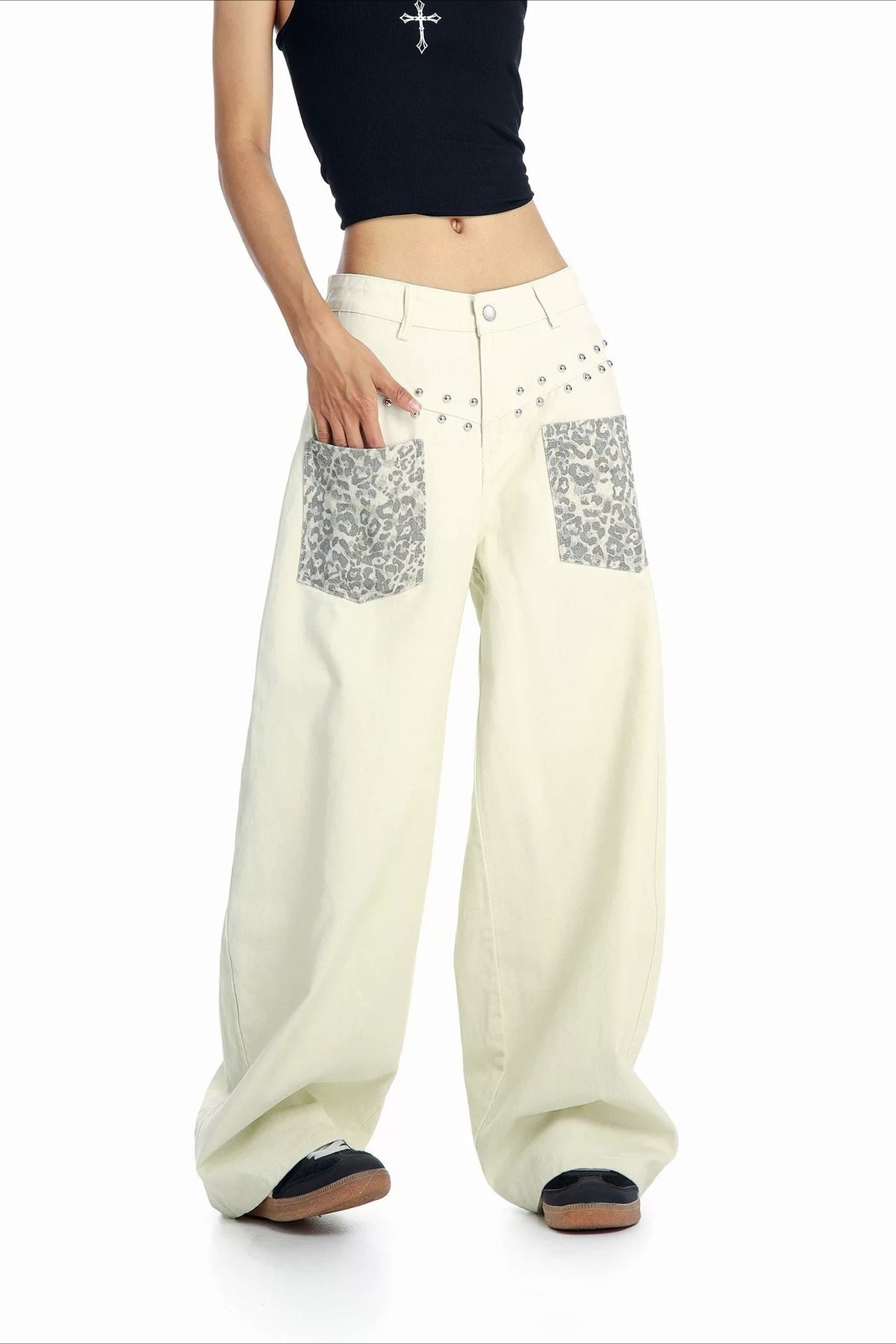 Leopard Pocket Stud Wide Leg Jeans