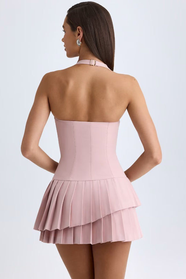 Halter Tiered Pleated Mini Cocktail Dress
