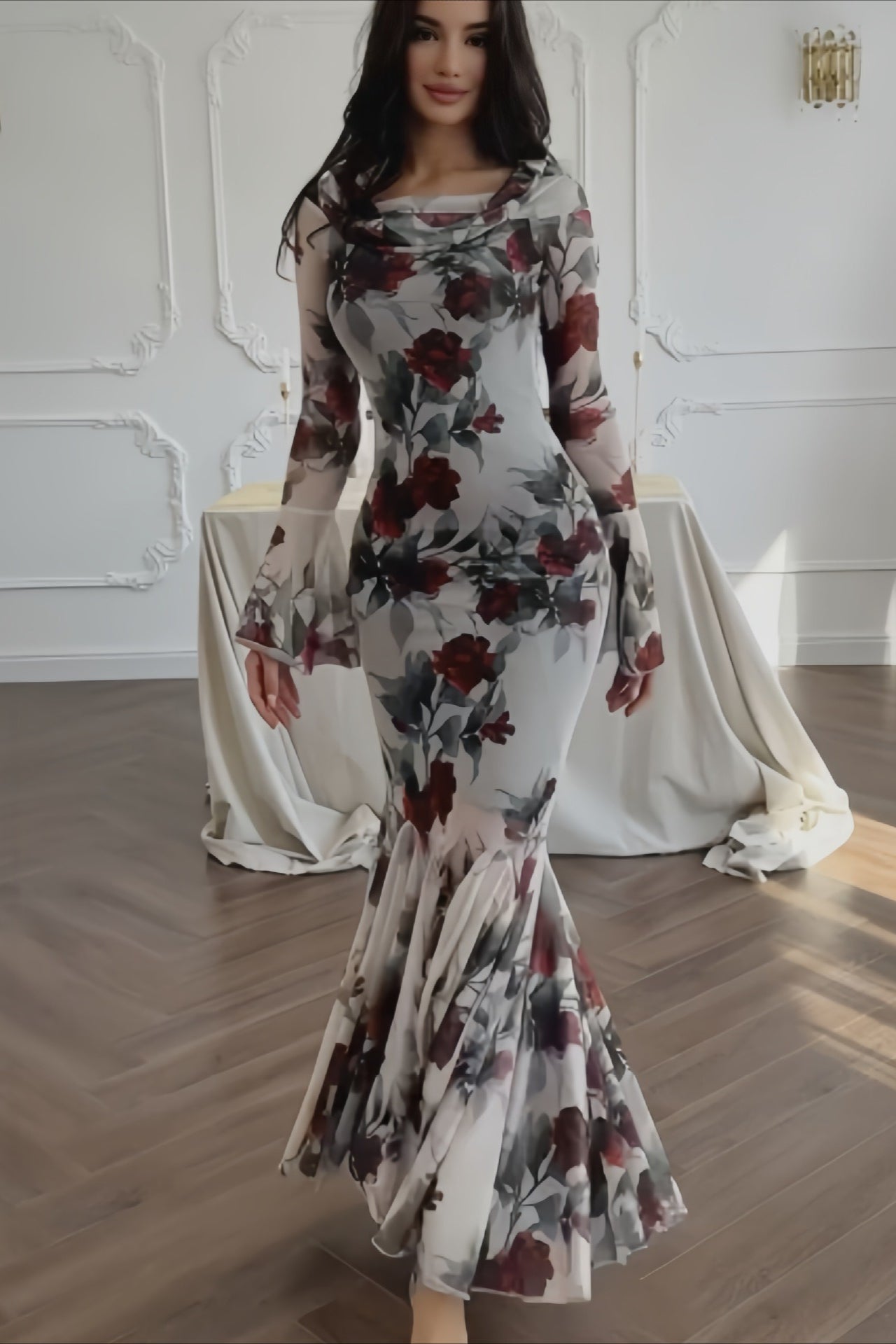 Elegant Long Sleeve Mermaid Rose Floral Dress Main image