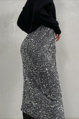 Sequin High Waist Slit Bodycon Midi Skirt