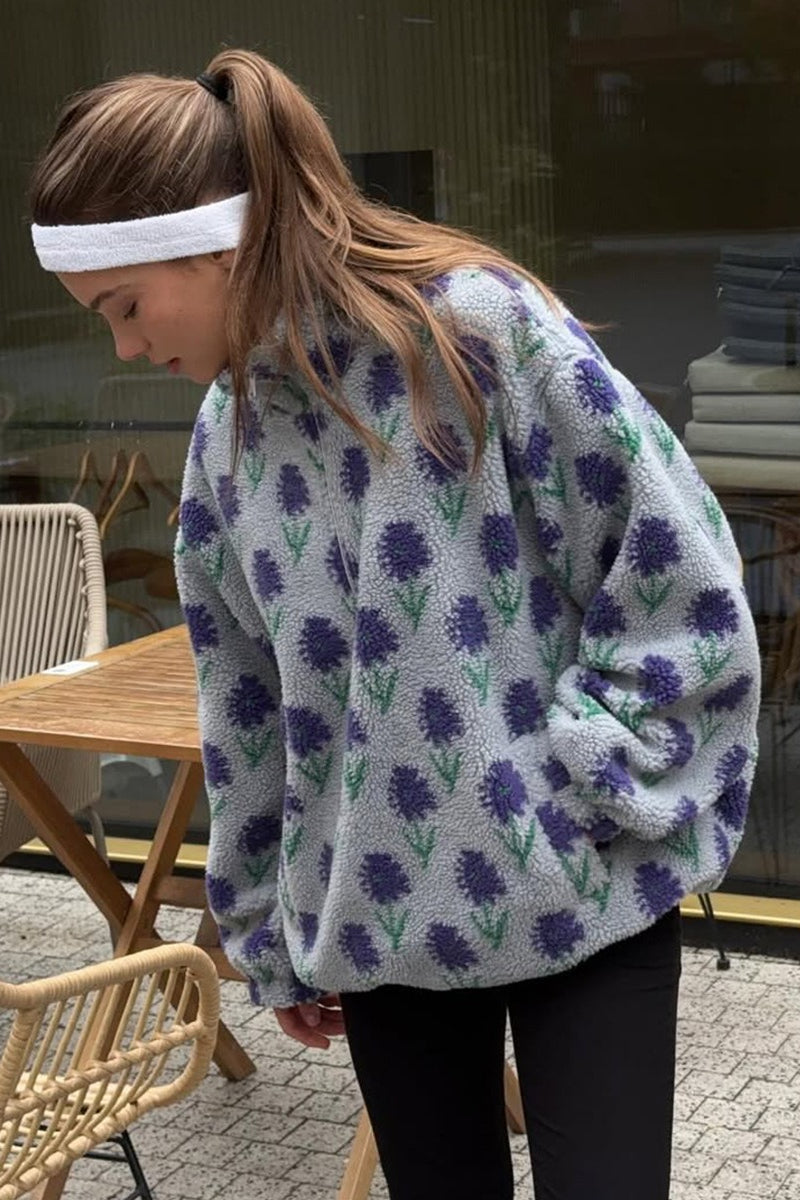 Floral Sherpa High Neck Half Zip Sweatshirt