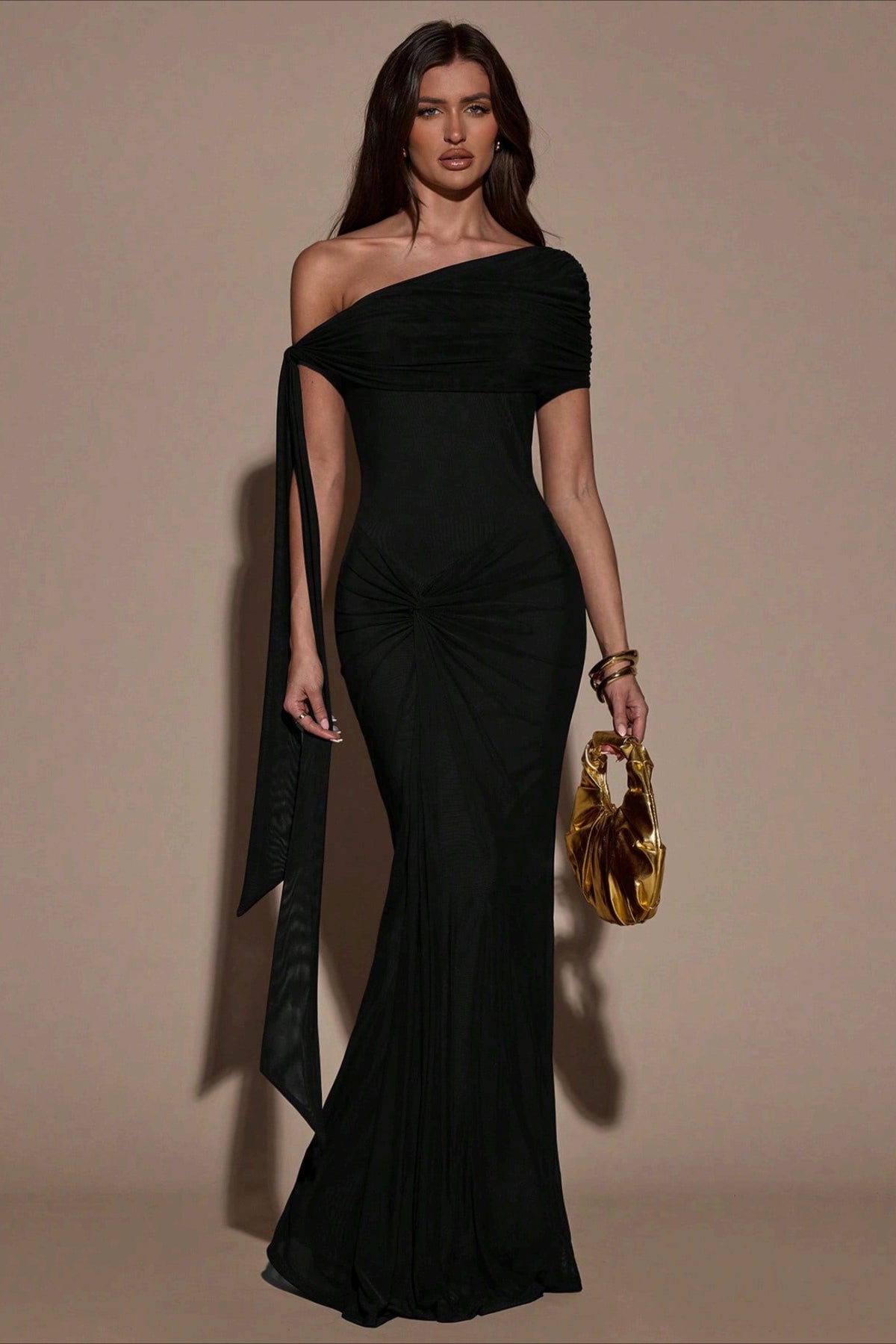 One Shoulder Cape Ruched Formal Dress