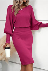 Crew Neck Lantern Sleeve Sweater Dress