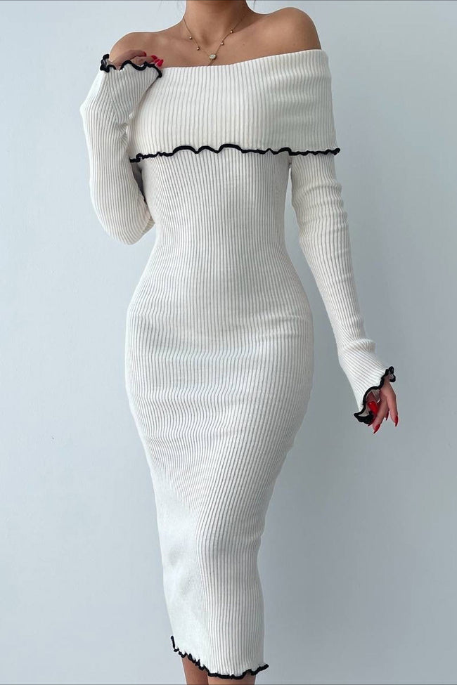 Ribbed Off Shoulder Color Block Knit Sweater Dress Main image