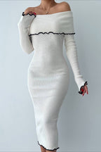 Ribbed Off Shoulder Color Block Knit Sweater Dress