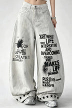 Letter Graffiti Distressed Loose Barrel Leg Jeans