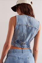 Fitted V Neck Button Denim Vest Tank Top
