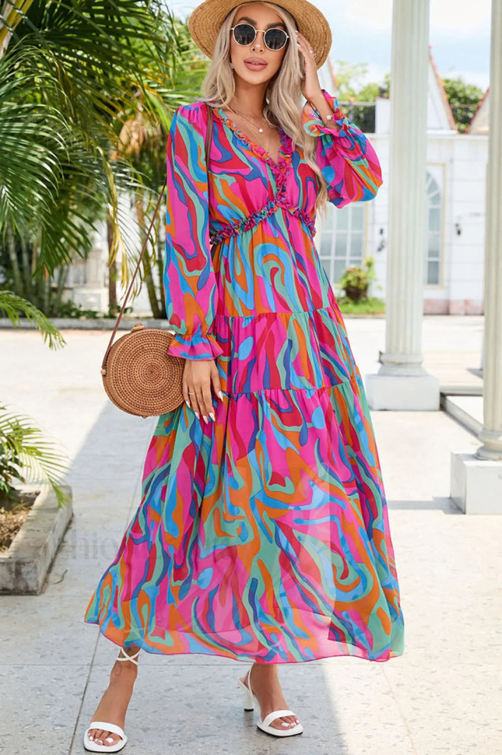 Abstract Art Stylish Tiered Maxi Dress S / 1#