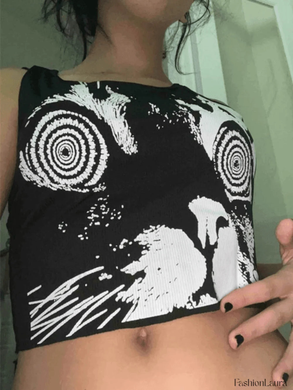 Abstract Print Black Ribbed Cropped Tank Top Tops&Tees