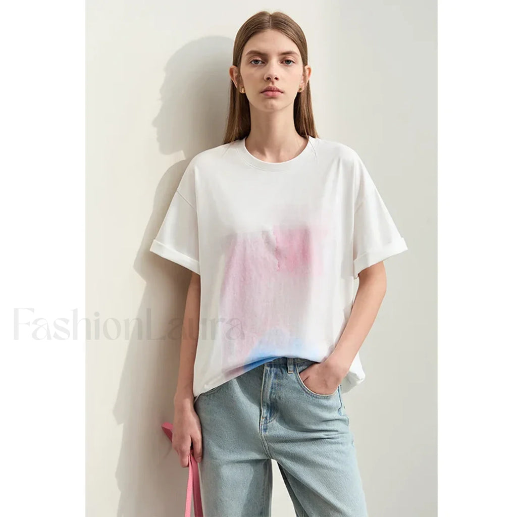 Abstract Print Loose Fit T Shirt Beige / S