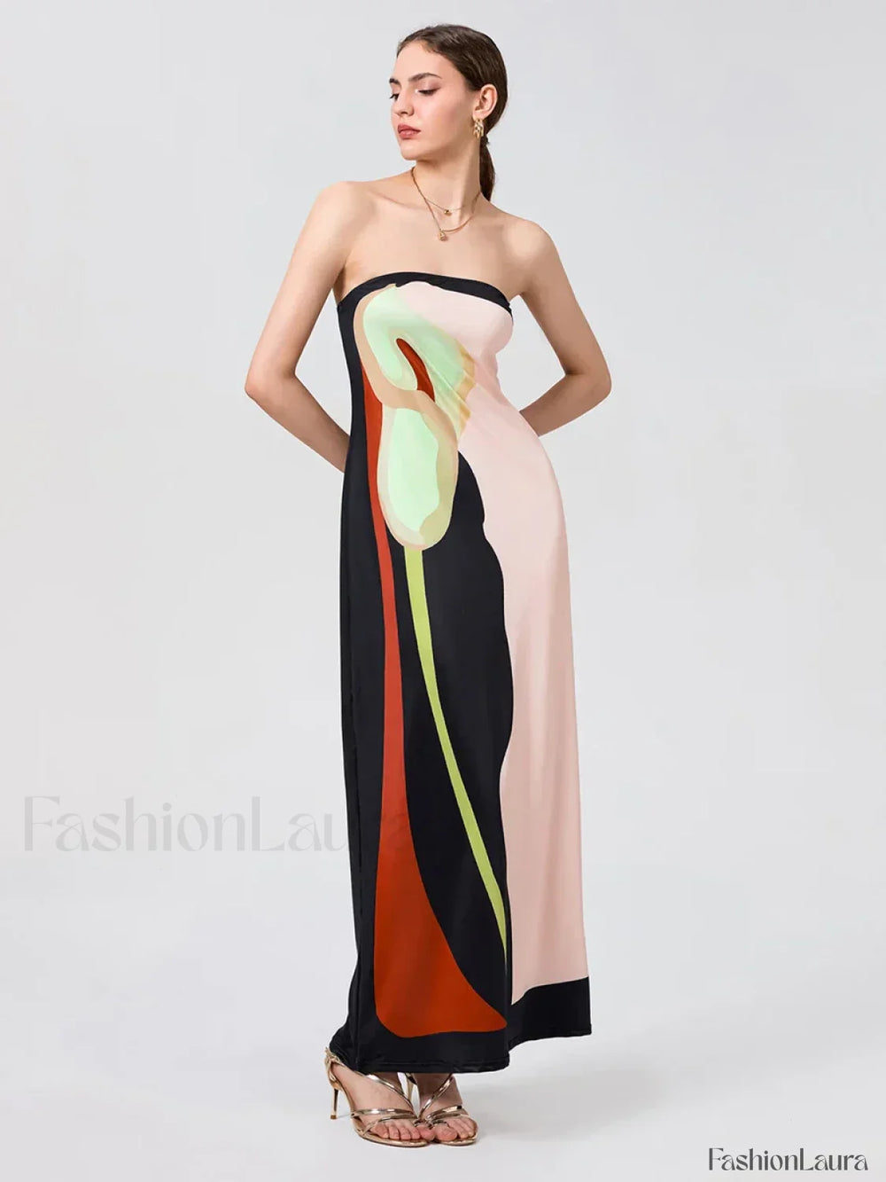 Abstract Strapless Loose Maxi Dress black / S