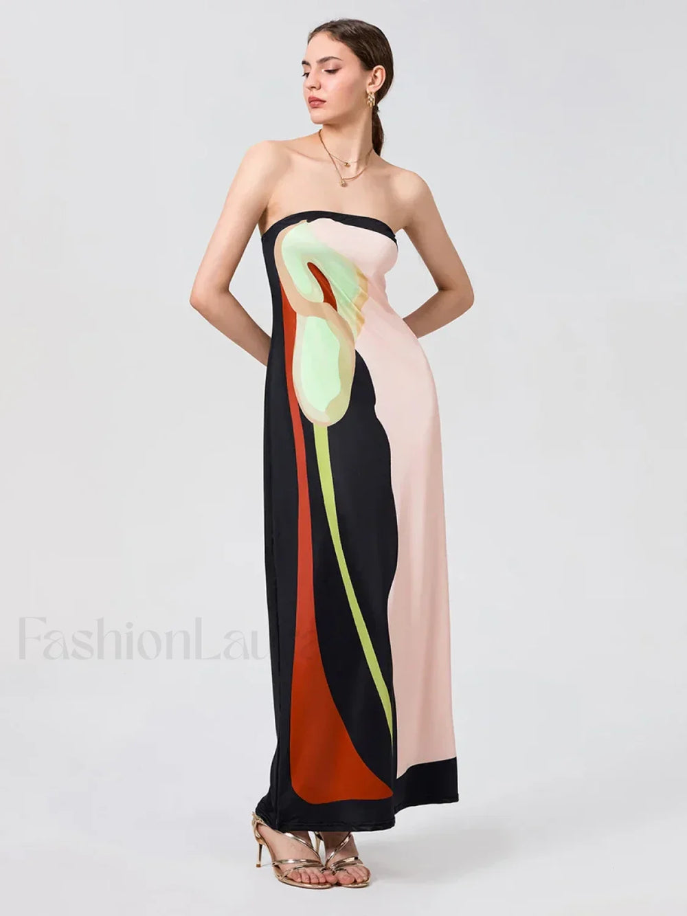 Abstract Strapless Loose Maxi Dress black / S