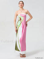 Abstract Strapless Loose Maxi Dress pink / S