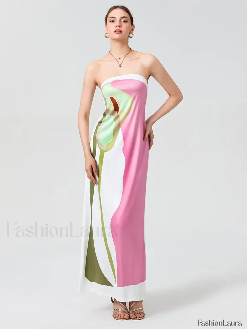Abstract Strapless Loose Maxi Dress pink / S