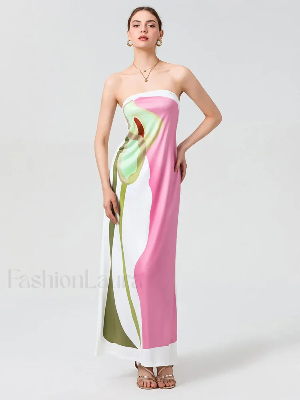 Abstract Strapless Loose Maxi Dress pink / S