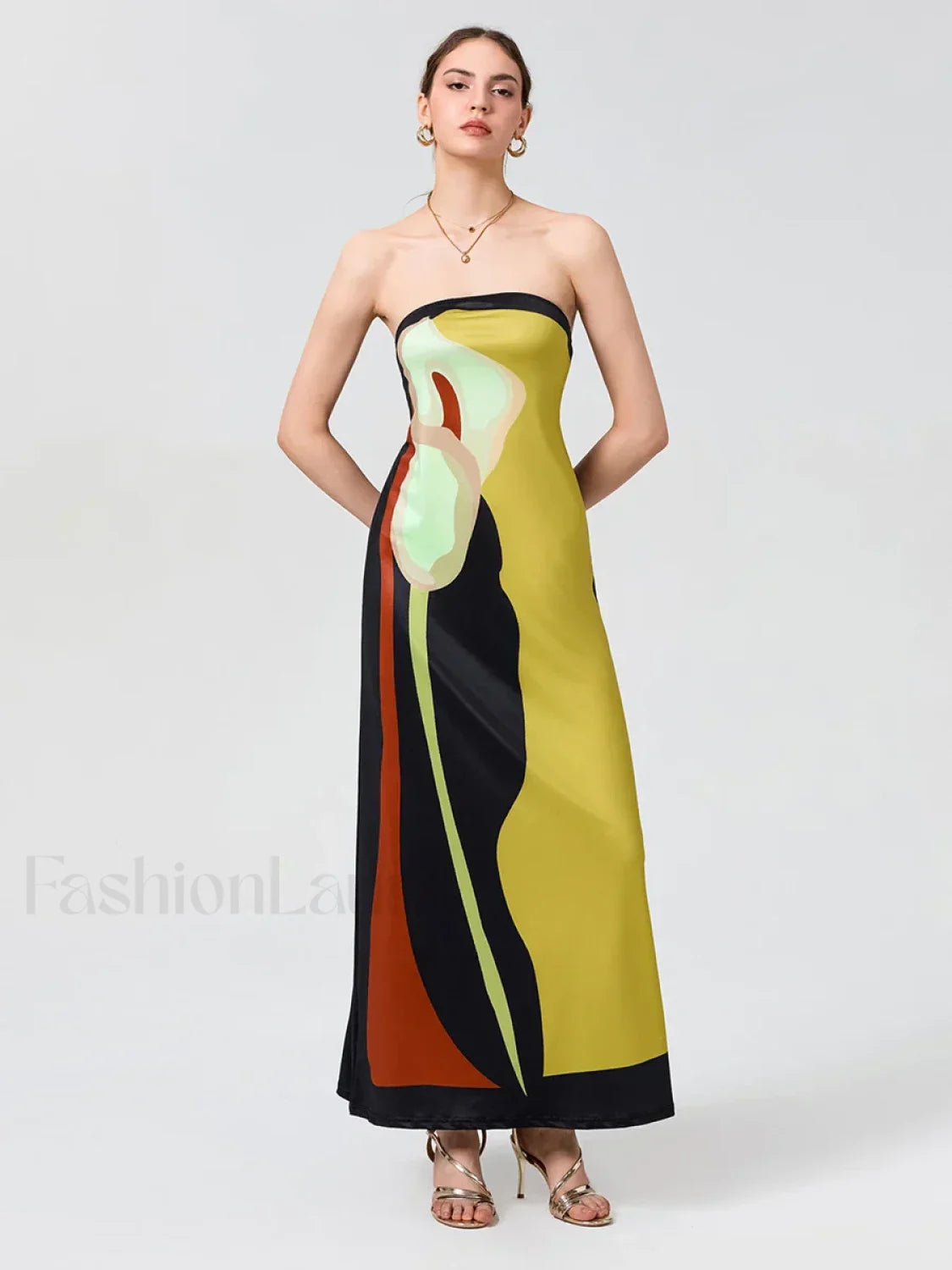Abstract Strapless Loose Maxi Dress yellow / S