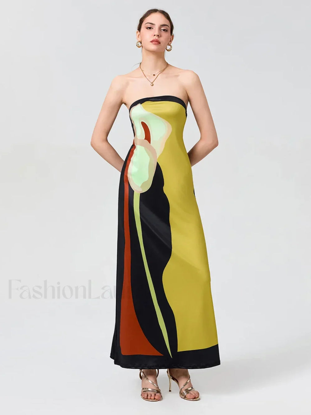 Abstract Strapless Loose Maxi Dress yellow / S