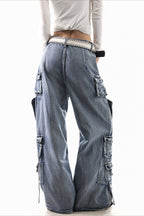 Deconstructed Buckle Cargo Wide Leg Jeans