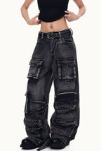 Distressed Washed Utility Multi Pocket Loose Jeans