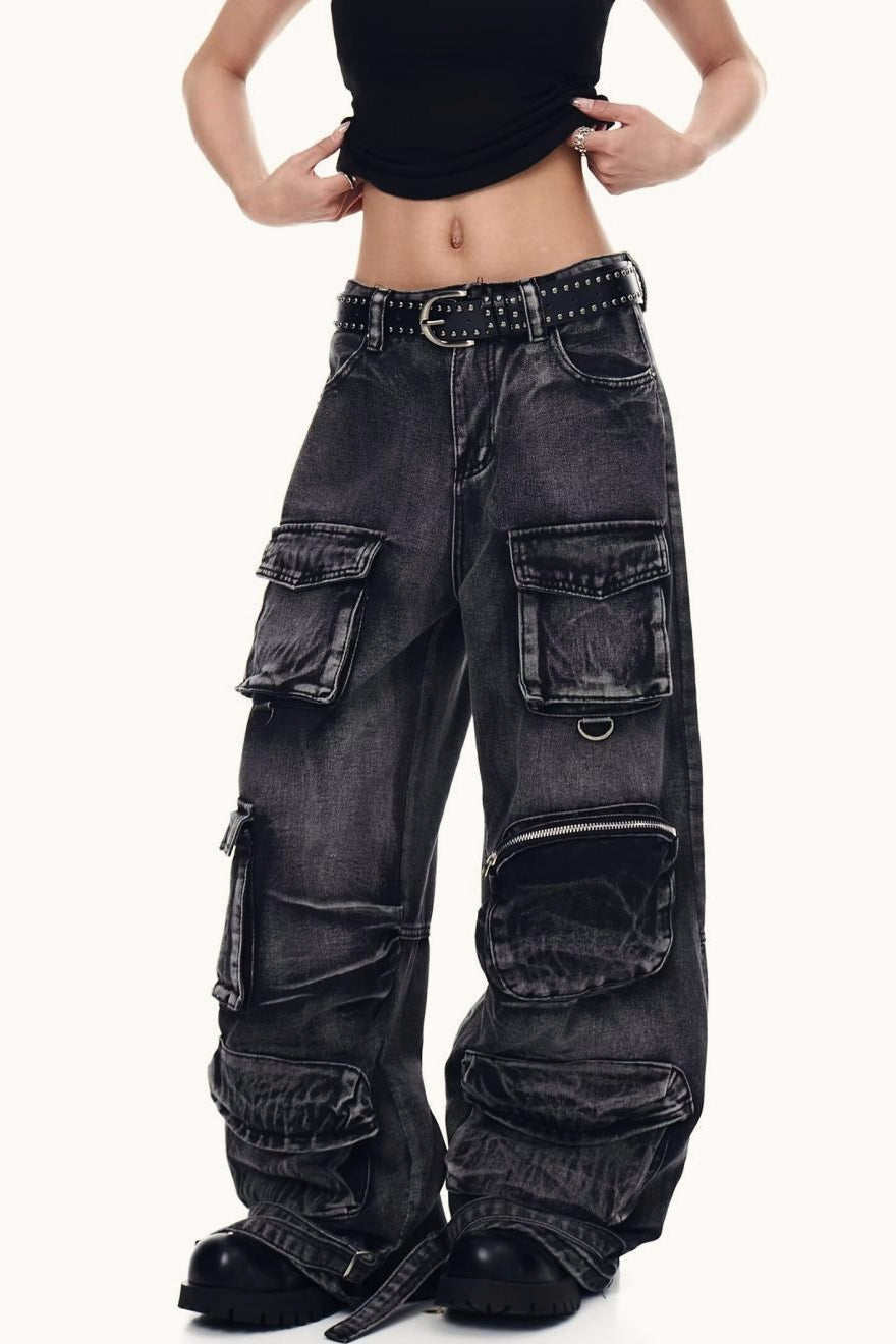 Distressed Washed Utility Multi Pocket Loose Jeans