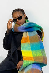 Long Plaid Mohair Fringe Wrap Scarf