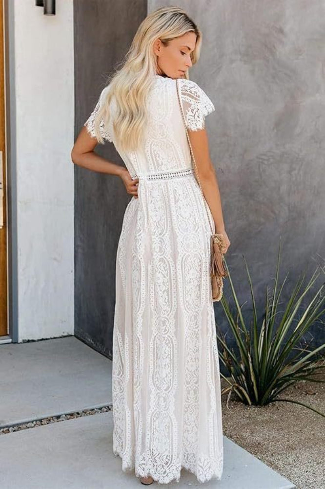 Lace V Neck Short Sleeve Hollow Out Boho Dress Secondary image