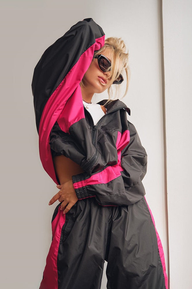 Contrast Trim Zip Jacket Two Piece Set