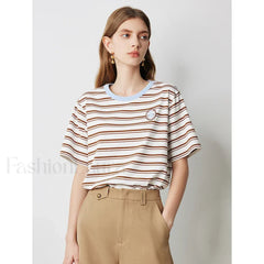 Academy Stripe Round Neck T Shirt Brown / S