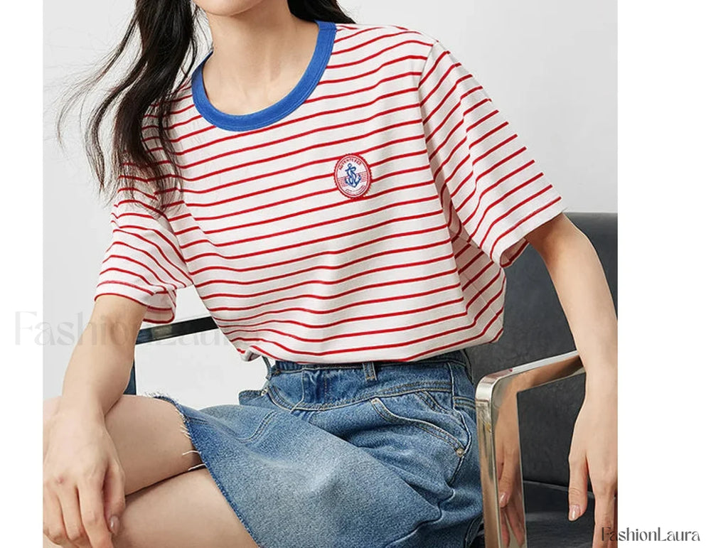 Academy Stripe Round Neck T Shirt True Red / S