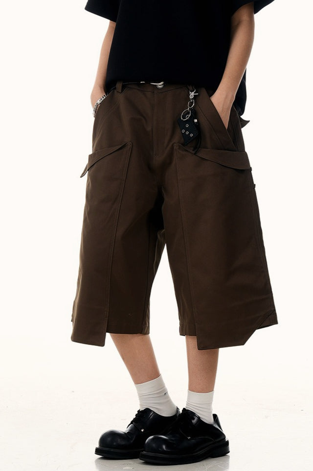 Pleated Wide Leg Cargo Bermuda Jeans