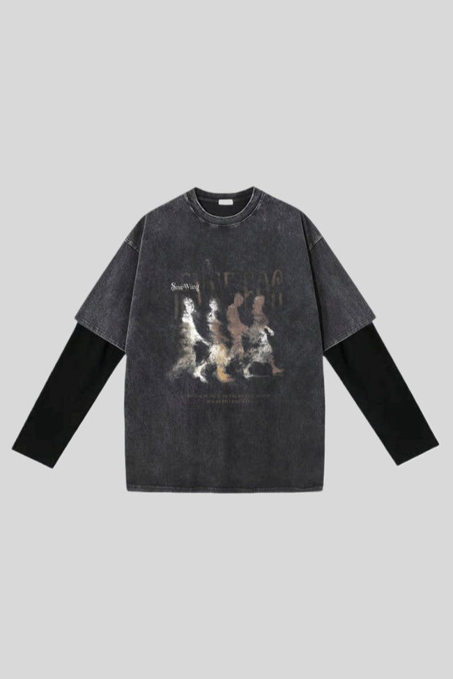 Washed Blurred Portrait Layered Long Sleeve T-Shirt Main image